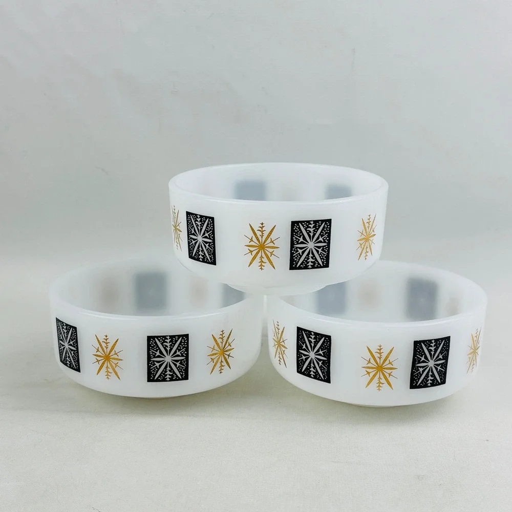 Vtg Federal Snowflake Atomic Starburst Milk Glass 3‎ Bowl Set Black Gold 1 Cup